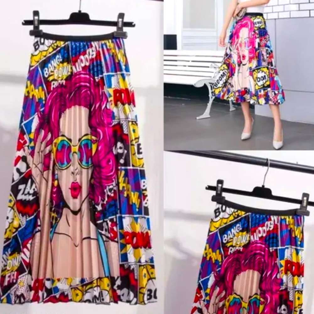 Colorful Pop Art Comic Pleated Skirt Retro Cosplay Size XL